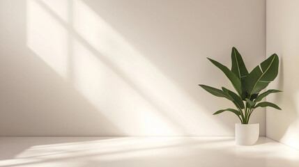 A white wall with a potted plant in the corner