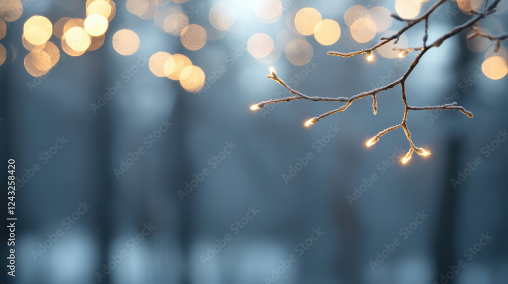 Poster blurred bokeh with muted tones. soft bokeh lights illuminate tranquil forest scene, creating serene 