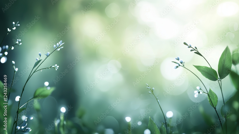 Poster blurred bokeh with muted tones. tranquil forest scene with blurred bokeh, delicate flowers, and soft