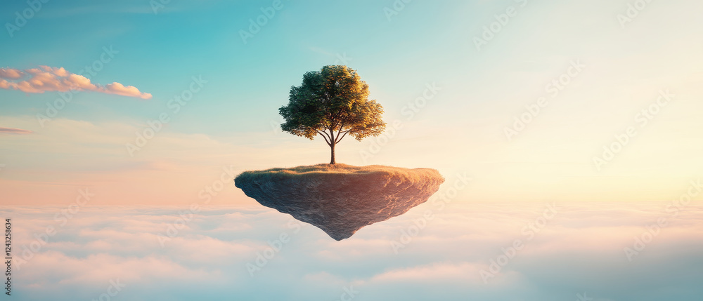 Poster conceptual depiction of floating island with tree above clouds, evoking sense of tranquility and won