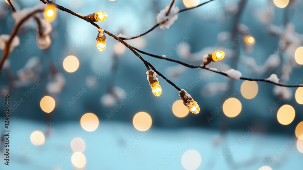 Poster blurred bokeh with muted tones. twinkling lights on snowy branch create tranquil winter scene, evoki