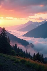 Obraz premium misty dawn landscape with mountains in the background, clouds, fog, peaceful