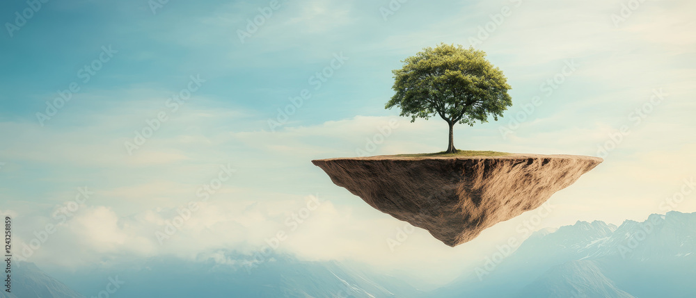 Poster conceptual depiction of floating island with tree, surrounded by clouds and mountains, evoking sense