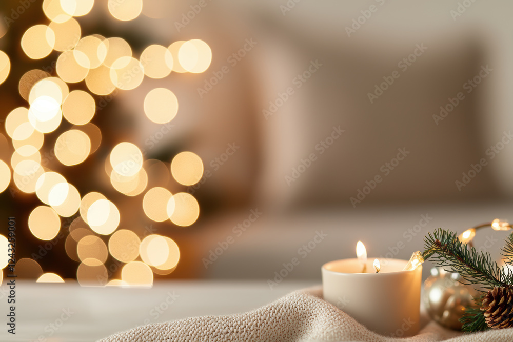 Poster blurred bokeh with muted tones. soft candlelight illuminates cozy setting with festive bokeh lights,