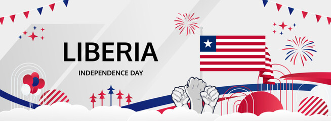 Happy independence day Liberia. Long poster national day Liberia in flag colors. Holiday banner illustration for July 26 celebration invitation party, greeting card and sale