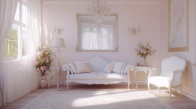 Elegant living room with white sofa, armchair, and rose bouquets.