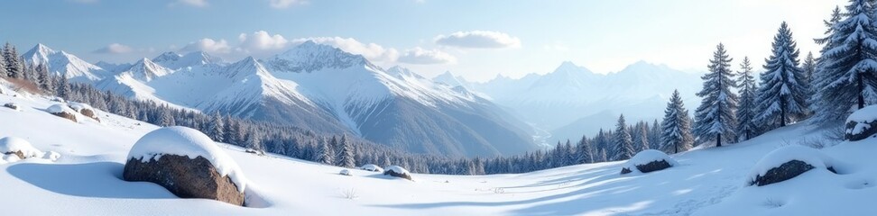 Fototapeta premium Snowy mountain rocks and trees in the distance, distant landscape, snowy landscape, mountainous terrain