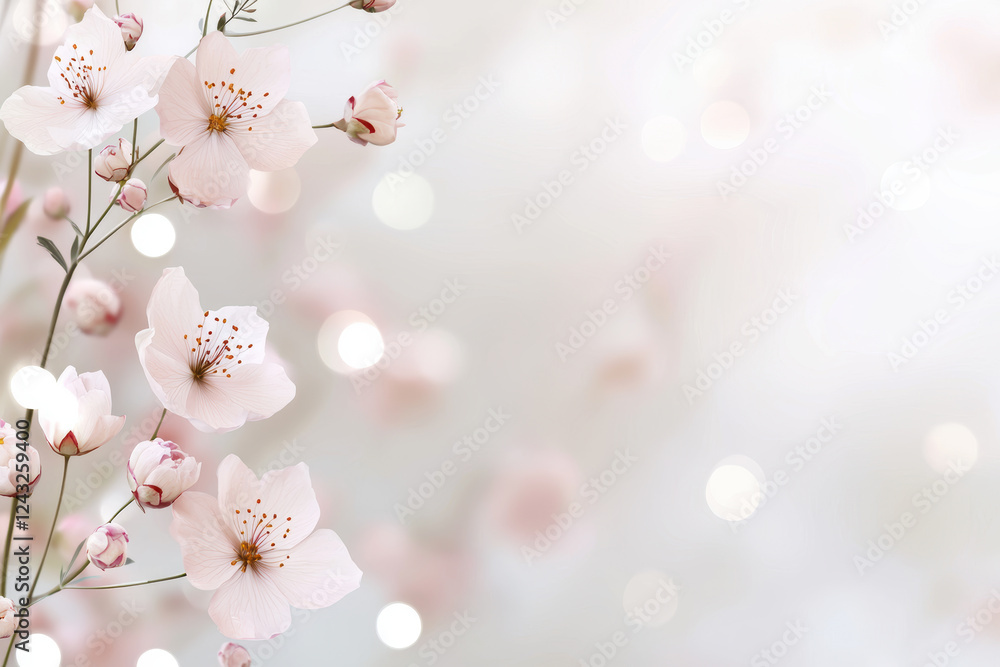 Poster blurred bokeh with muted tones. delicate pink flowers with soft bokeh background create serene atmos