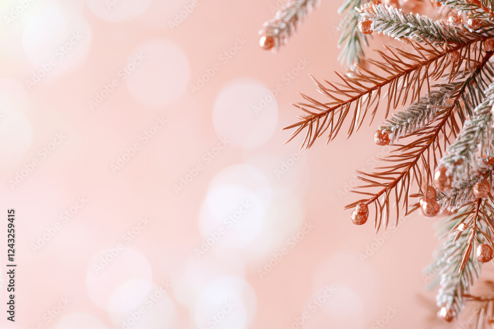 Poster blurred bokeh with muted tones. soft bokeh background with frosted pine branches and decorative bead