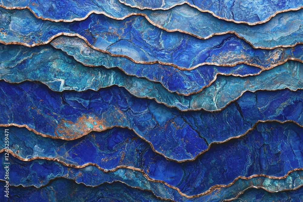 Poster abstract painting in blue and gold colors with fluid shapes and textures creating a dynamic artistic
