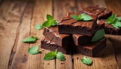 Fototapeta premium Stack of chocolate brownies on a wooden table with a few fresh mint leaves arranged artfully on top in a decorative pattern , wooden table, treats