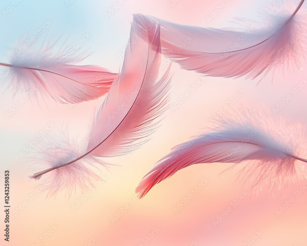 Poster floating feathers against soft pastel sky symbolize lightness and tranquility, creating serene atmos