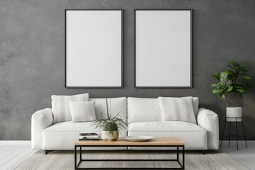 Two blank posters in black frames on a gray wall above a white sofa with pillows and a wooden coffee table in a modern living room