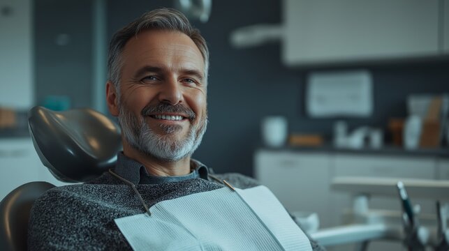 A relaxed man with a beard sits comfortably in a dental chair, smiling confidently while wearing a patient bib. The sleek clinic features a warm ambiance with modern tools nearby