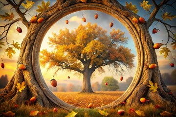 Fototapeta premium Ancient Oak Tree Double Exposure: Falling Acorns in Oval Frame - Autumn Stock Photo