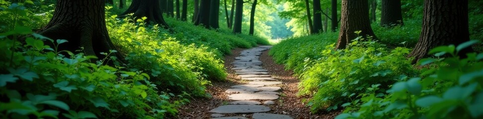 Obraz premium Stone path winding through dense undergrowth in the forest, forest floor, undergrowth