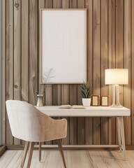A minimalist home office with a white desk. chair. and lamp against a wood panel wall. with a framed blank canvas above