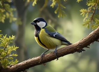 Stunning image showing a great tit singing on an oak tree branch, bird, elegance