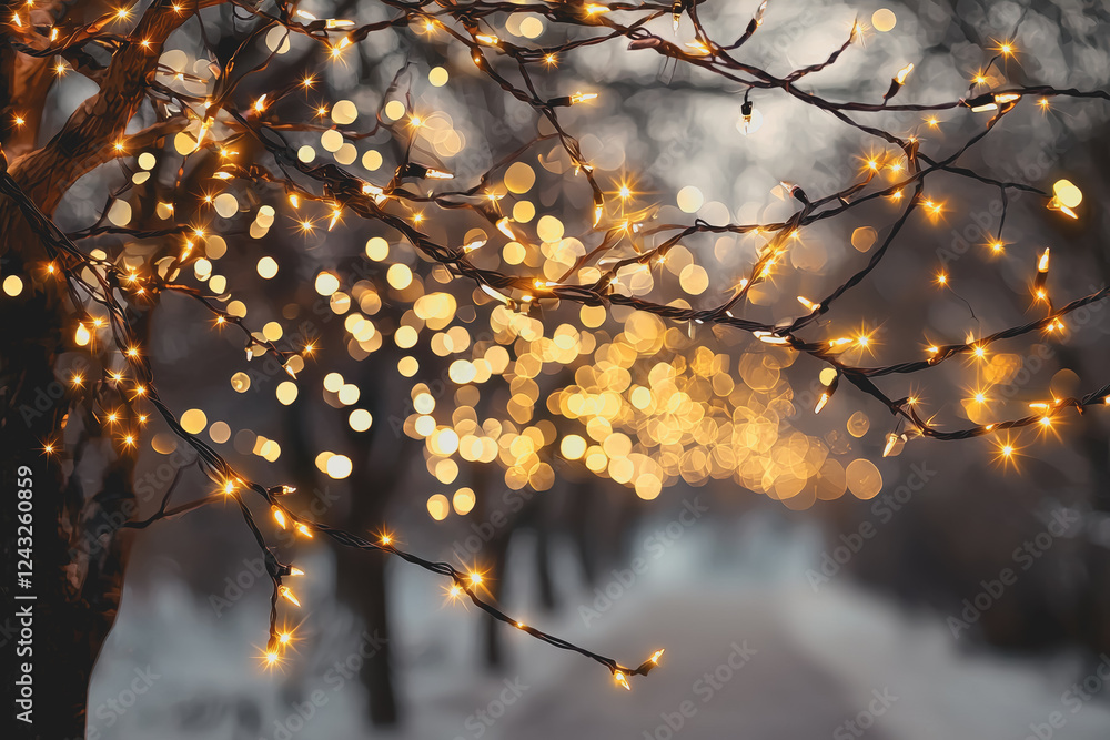 Poster a large tree adorned with colorful lights glowing in the evening creating a festive and cheerful atm