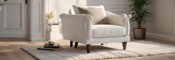 Stylish white armchair with plush pillow and textured rug, contemporary home, comfort seating, floor lamp light