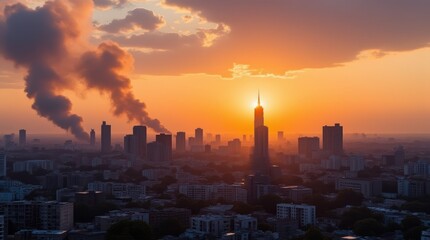 Fototapeta premium Ukrainian City Skyline Illuminated by Sunset With Distant Explosions in View