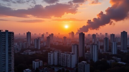 Fototapeta premium Ukrainian City Skyline at Sunset With Smoke From Distant Explosions