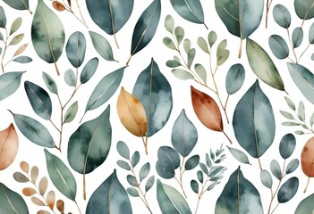 A watercolor illustration of eucalyptus leaves in shades of green and orange, with a white background.