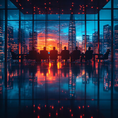 A corporate boardroom discussing cybersecurity investments. Bright lighting, contrast
