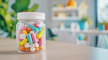 Colorful pill jar in bright room during daytime, wellness concept