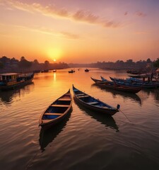 Fototapeta premium Sunset over the boats on the Ganges River in Kolkata, tranquil, river