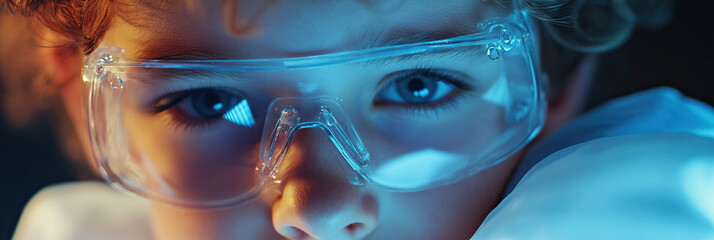 Close-up of Child Wearing Clear Safety Glasses under Blue and Orange Lighting