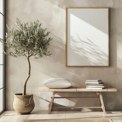 A minimalist living room with a wooden bench. a potted olive tree. a stack of books. and a blank canvas on the wall
