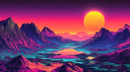 Sunset Over a Dreamlike Mountain Fantasy Landscape