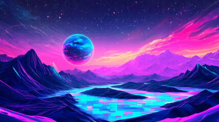 Neon Alien Landscape with Purple Ocean and Stars