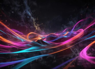 Swirling abstract neon color fields on dark canvas, reflective, form