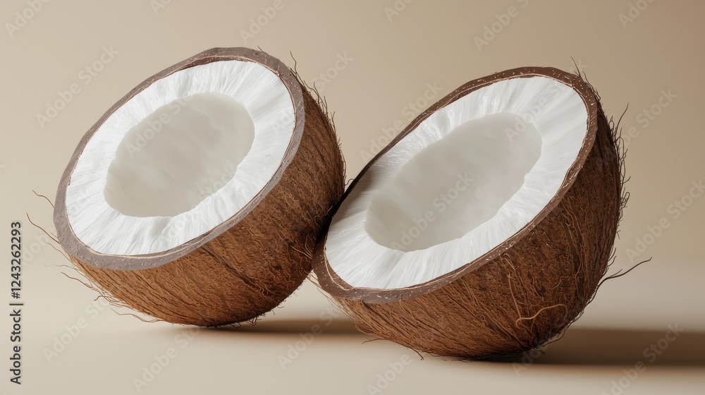 Poster minimalist 3d rendering of a coconut cut in half displaying inner texture and natural colors