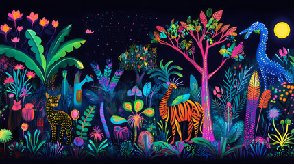Psychedelic Jungle with Neon Glow Bioluminescent Plants