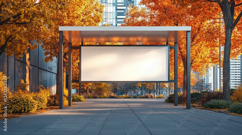 Poster modern empty white canopy in urban setting with colorful autumn foliage and cityscape background cap