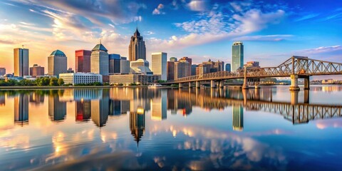 Naklejka premium Panoramic view of Louisville's downtown skyline reflected in calm Ohio River waters