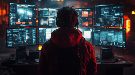 A cybercriminal with stolen personal data displayed on multiple screens. Bright lighting, contrast