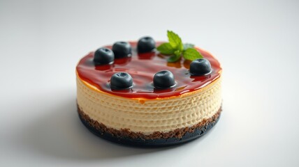 Delicious cheesecake topped with blueberries and caramel glaze served on a white plate