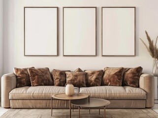 Minimalist living room interior with three blank frames above a beige sofa and coffee table