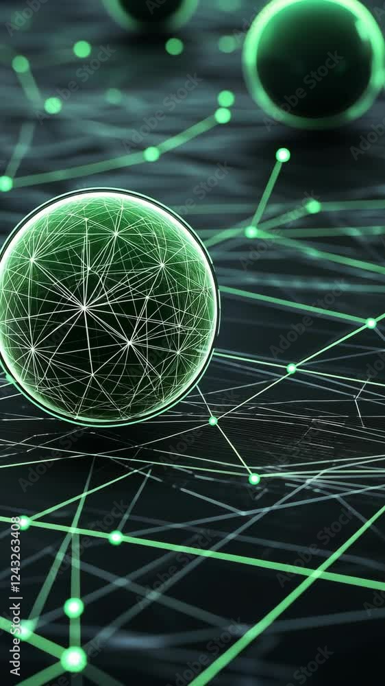 Poster abstract representation of interconnected nodes and spheres in a digital space with green neon accen