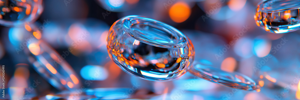 Poster interconnected translucent spheres with blue and orange bokeh background