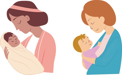 Seth Happy Mother's Day, frame, flat vector illustration with flowers and leaves. Mom with a baby, a child in her arms. A sweet and loving mother adores her child