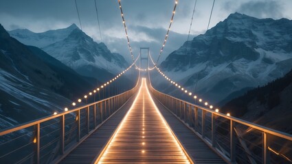Fototapeta premium Majestic mountain landscape with illuminated bridge at dusk