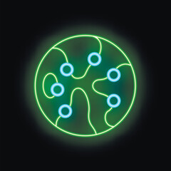 Green neon sign illustrating a planet with craters on black background