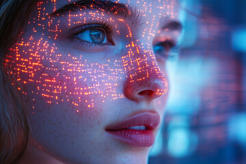 An AI-powered facial recognition system analyzing a person’s identity. Bright lighting, contrast