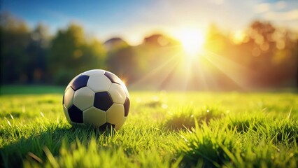 A soccer ball sitting alone on a lush green grass field with a few scattered blades of grass around it , sports action, natural scenery