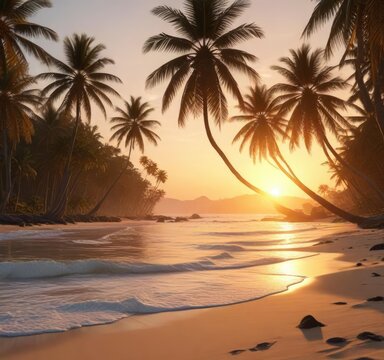 The beach at sunset with a warm golden light and palm trees swaying gently in the breeze on Pampatar Beach, gentle, swaying